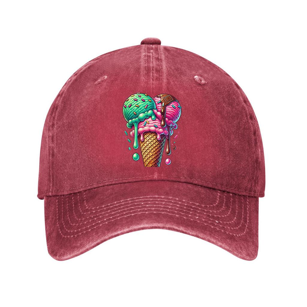 Ice Cream Cone Print Cotton Baseball Cap Adjustable Distressed Denim Casual Dad Hat for Unisex