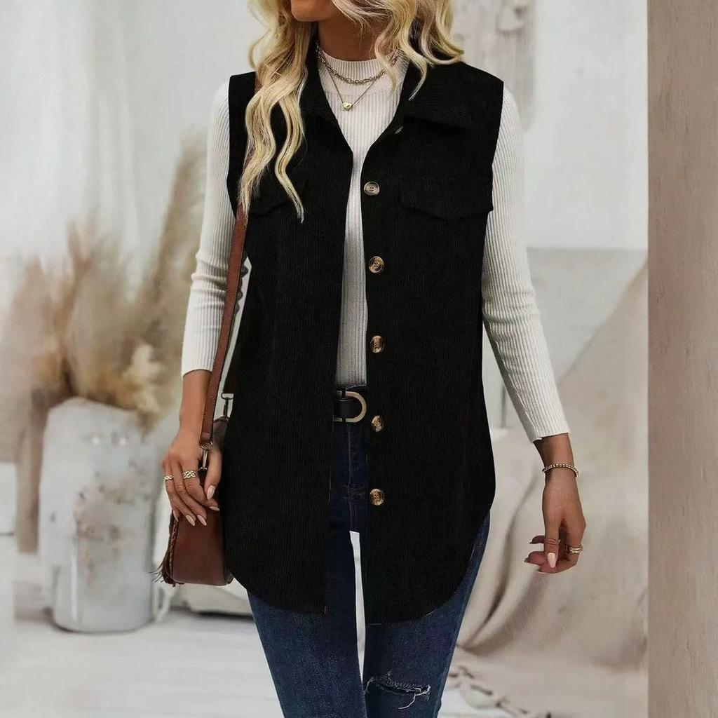 Moteabel ensfarget damevest med krage og cardigan, avslappet pendlerermløs vestjakke