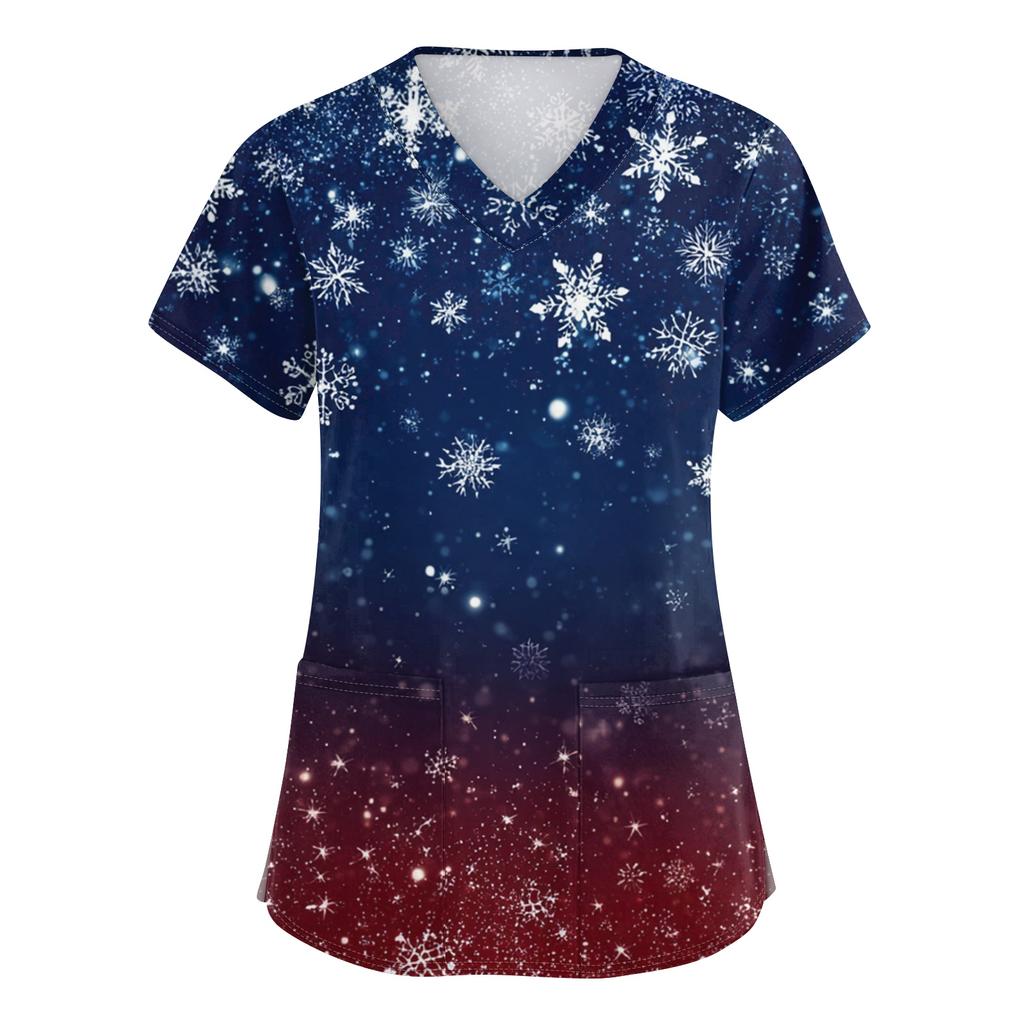 Women's V-neck Christmas printed short-sleeved pocket side-slit protective suit top