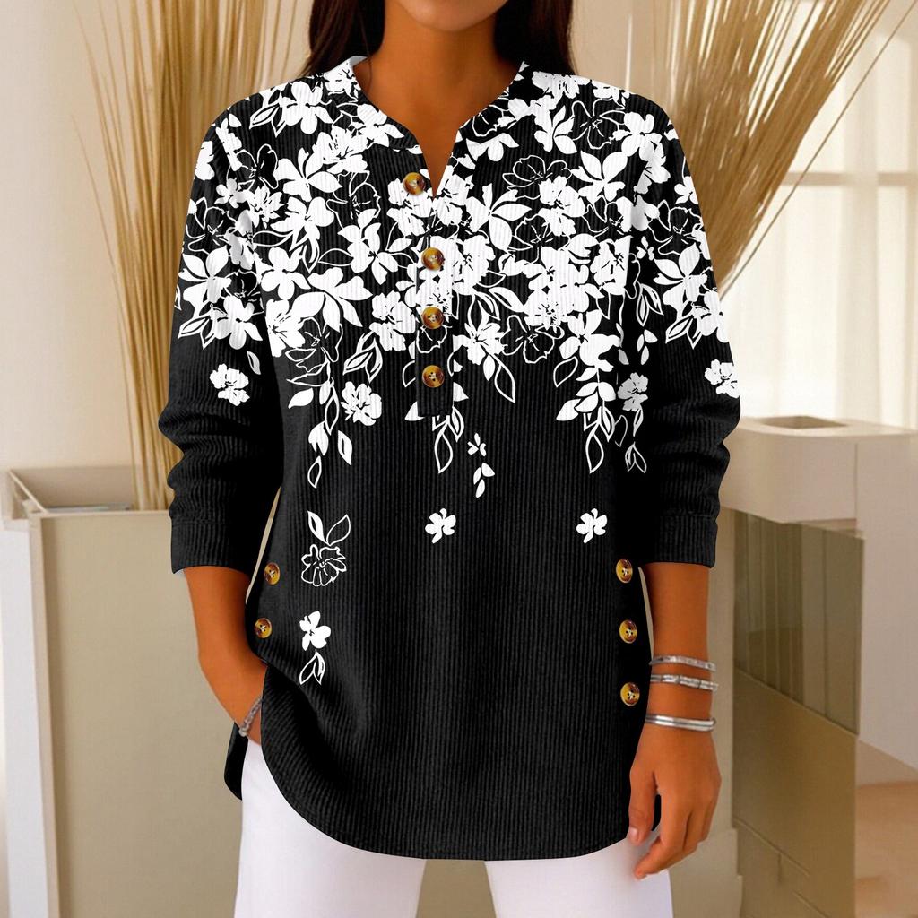 Damen Modisches Knopfkragen Langarm Weihnachtsdruck Pullover Top