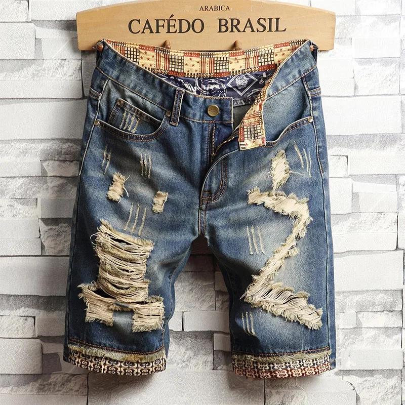 Five Fine Zomerkleding Heren Vintage Gescheurde Korte Jeans Streetwear Mode Gat Rechte Slim Denim Shorts Mannelijk Merk Broek 38