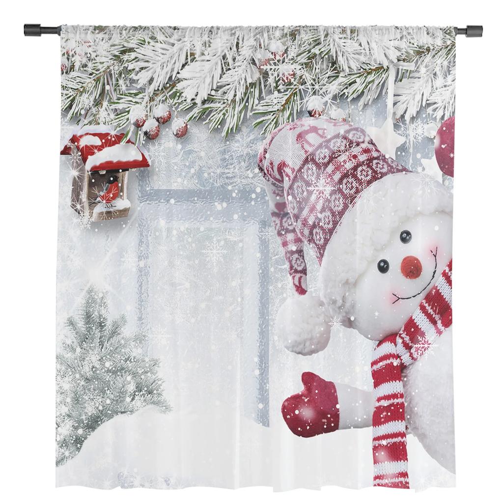 Christmas Winter Snow Scene Snowman Sheer Curtains for Living Room Decoration Window Curtains Kitchen Tulle Voile Curtains