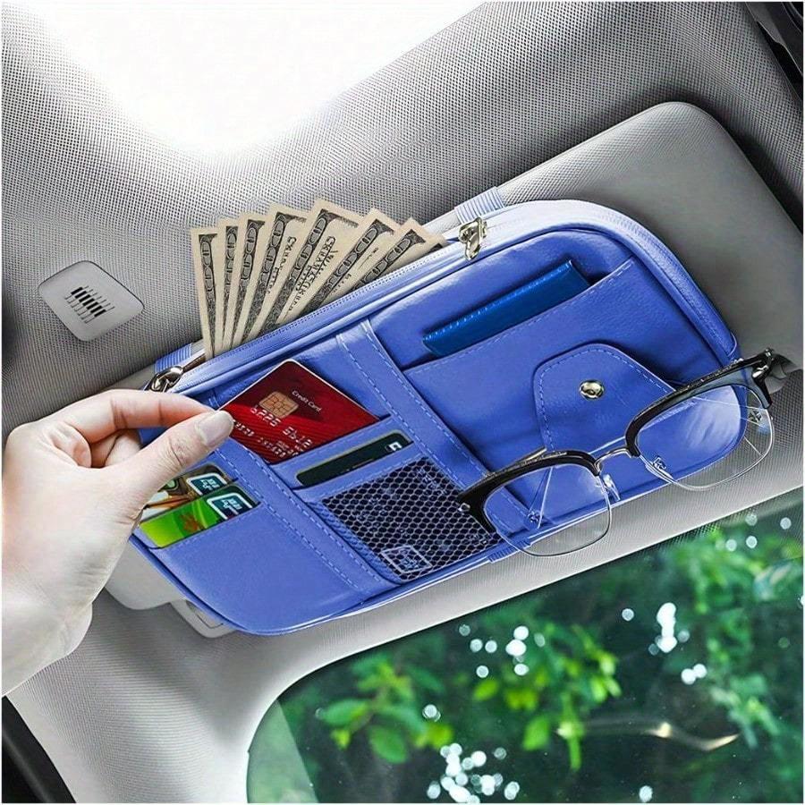 Car Sun Visor Organizer Multi-Pocket Storage For Sunglasses, Cards, Cash, License, Pen & Keys | Auto Interior Accessory With Zipper Net Pocket