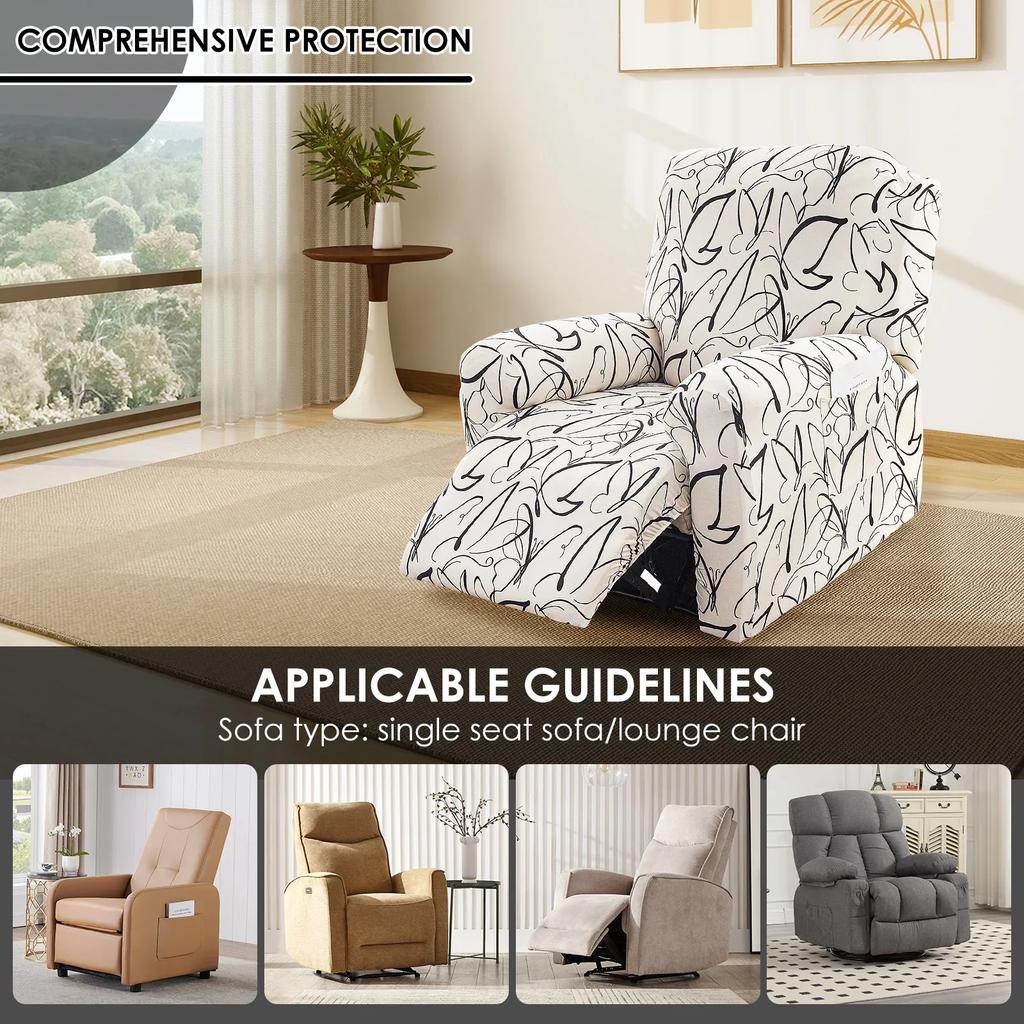 4Pcs Elastic Recliner Sofa Cover Printed Stretch Recliner Slipcovers with Side Pockets Non Slip Sofa Slipcovers for Living Room