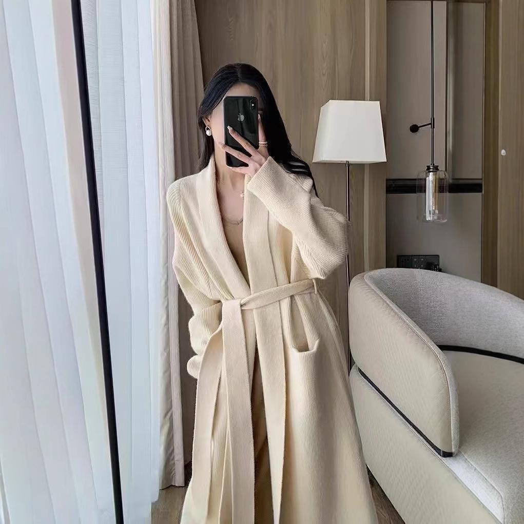 Premium sweater cardigan women's autumn and winter medium and long loose knitted jacket loose lazy bathrobe lace-up coat
