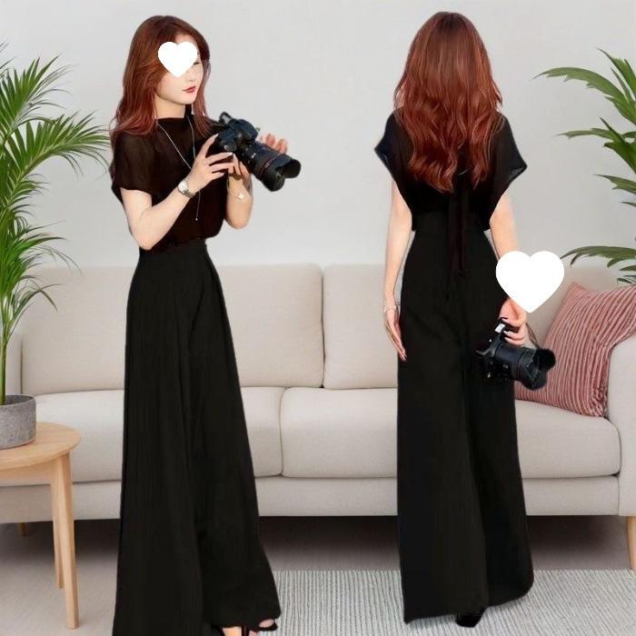 Fashionable Women's Summer Stylish Slimming Chiffon Top Paired with High-waisted Wide-leg Pants - A Beautiful Two-piece Set.