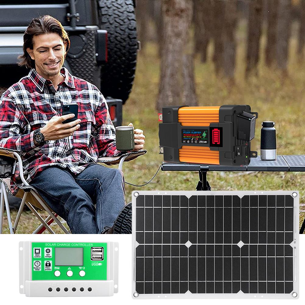 4000W 12V To 110V/220V Solar Inverter with 50A Charge Controller & 25W Panel Solar Panel System Solar Generator for RV Camper