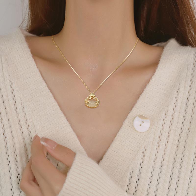 Ruyi Ping An Auspicious Clouds Chalcedony Necklace - Retro Chinese Longevity Pendant with High-End Luxury Feel.