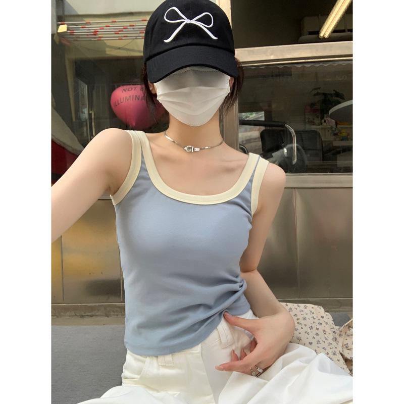 Summer Korean Slim-fit Square Neck Color-Contrast Vest with Chest Pads for Women