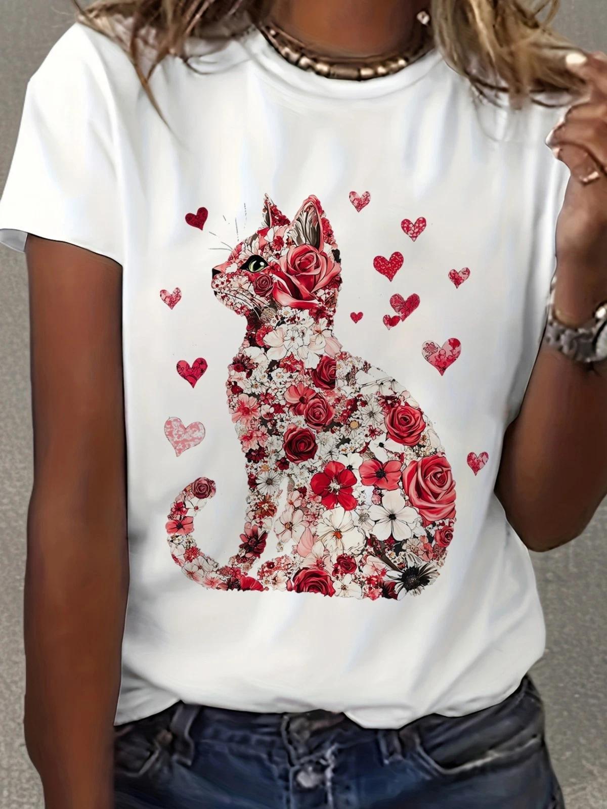 Women S Valentine S Day Love Cat Graphic T-Shirt XXXXL