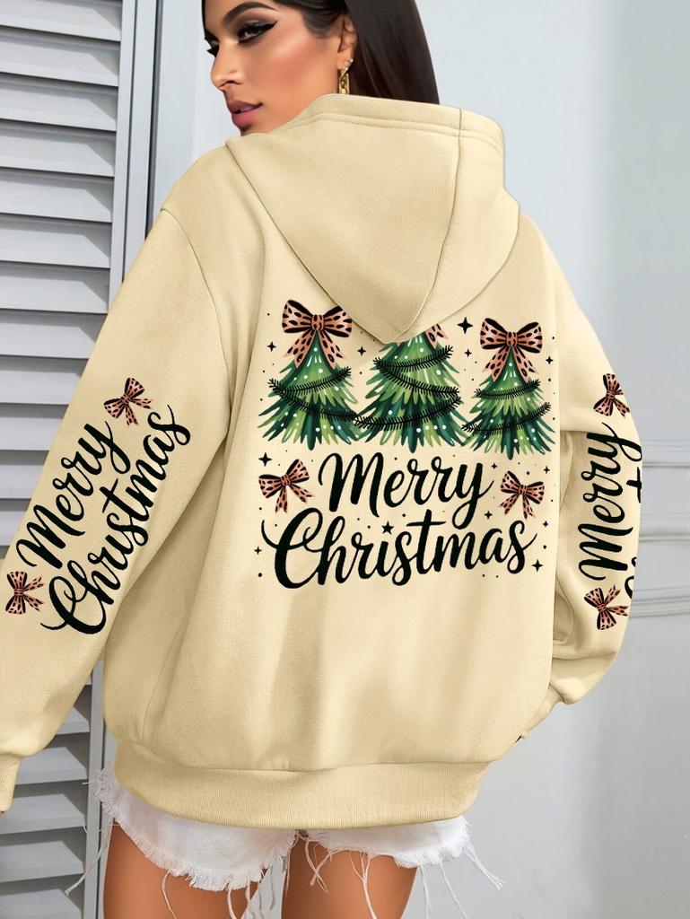Merry Christmas Bow Tree Pattern Women'S Hoodie Casual Hoodie Autumn Hooded Sweater