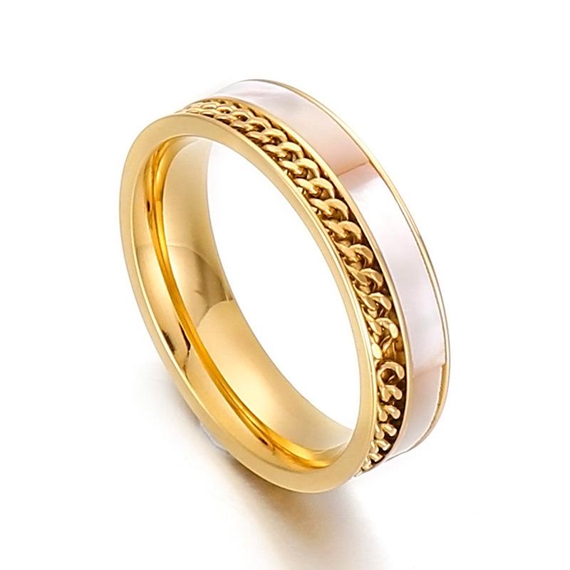 

European-American Braided Chain Full Circle Shell Ring in Titanium Steel Size 6