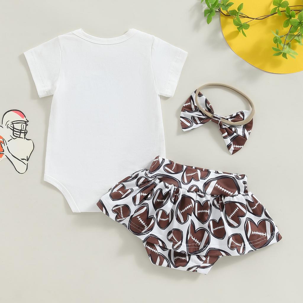 Baby Girl Summer Outfits Letter Baseball Print Short Sleeve Romper Skorts Headband 3Pcs Clothes Set