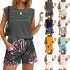 Women's Casual Fashion Crewneck Pleated Vintage Floral Print Shorts Set