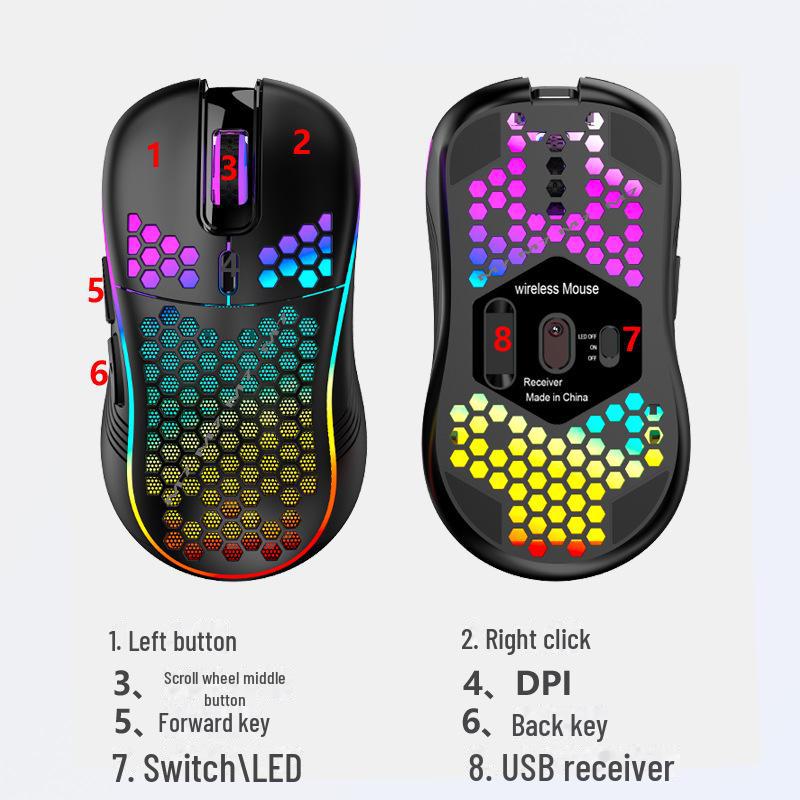 RGB Luminous Gaming Mouse with Wireless Hollow Honeycomb Design, Lightweight and TYPE-C Wired Charging.