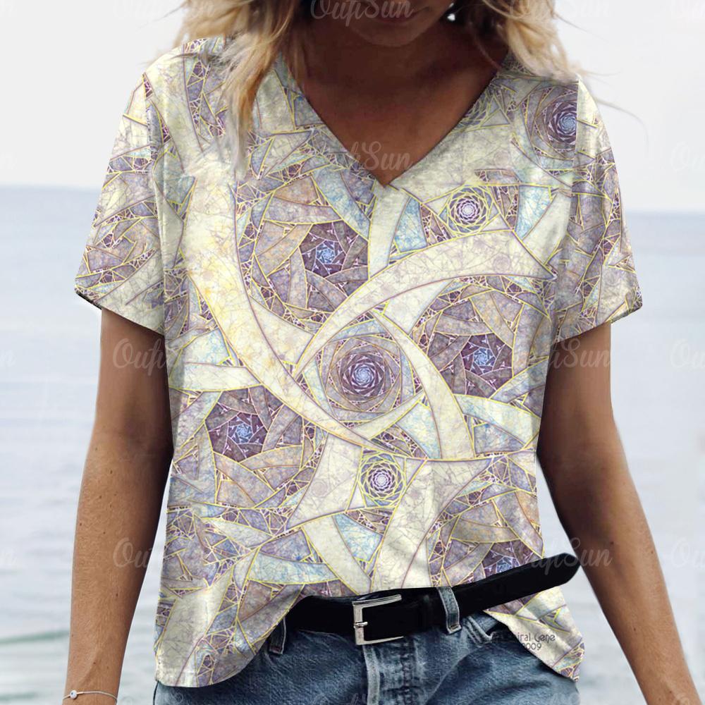 2024 Luxus Damen T-Shirt 3D Blumen- und Grasdruck Übergröße Damen Trend Kleidung Mode Kurzarmshirt Damen V-Ausschnitt Top