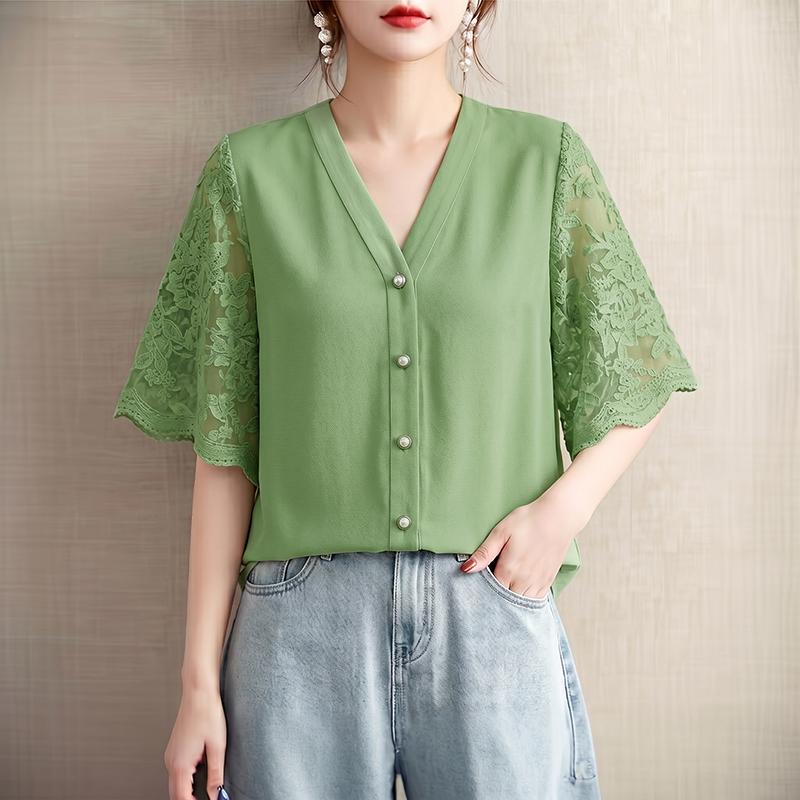 ZANZEA Women Lace Splice Half Sleeve Casual V-Neck Elegant Blouse