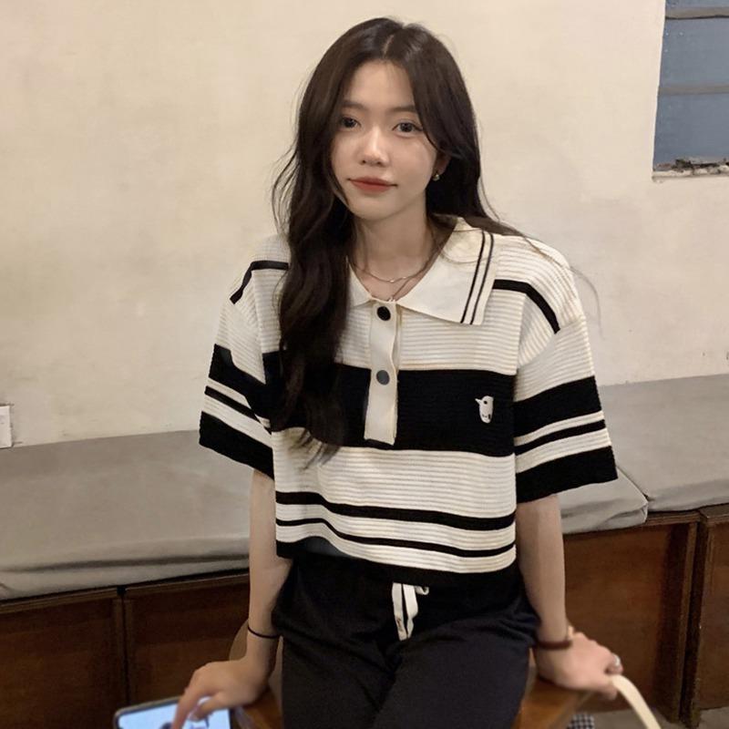 Loose Stripe High Waist Short Short Sleeve Ice Silk Knit Shirt Top T-shirt Woman