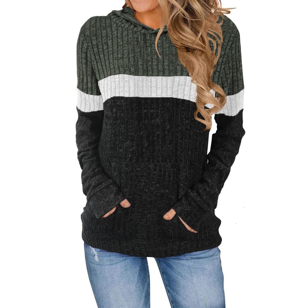 Women's Fashionable Casual Color Blocked Hooded Pocket Loose Long Sleeved Pullover Top