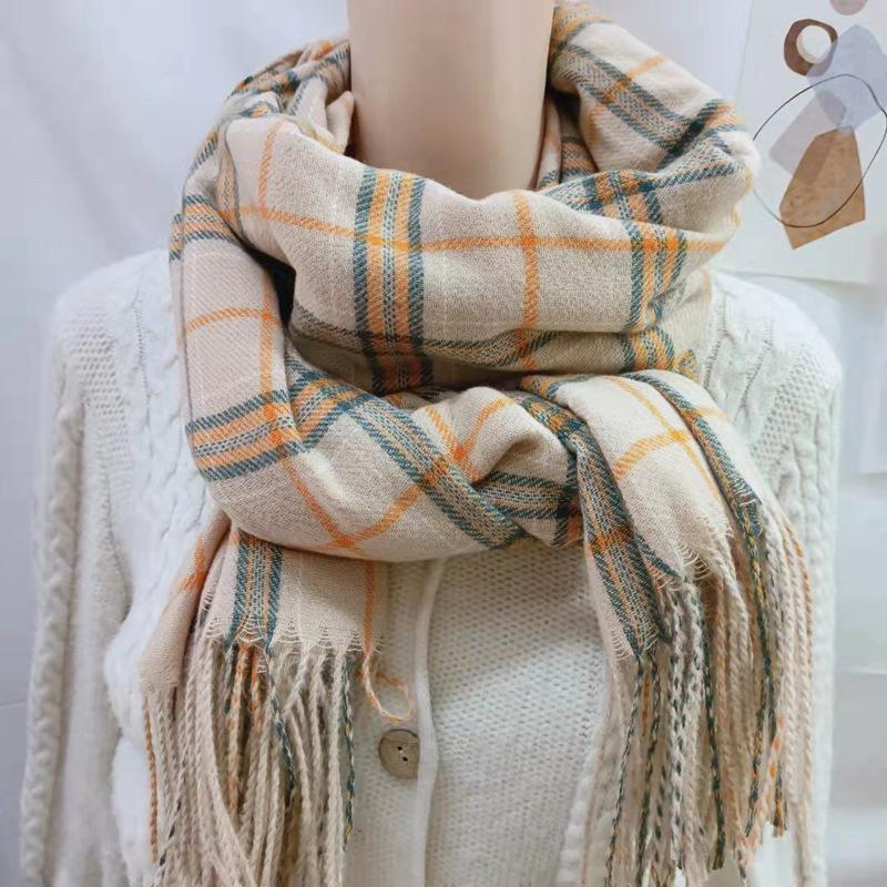 Women's Winter Plaid Imitation Cashmere Tassel Scarf, Thickened Korean Style Neck Warmer