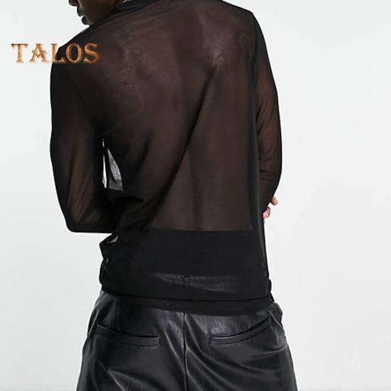 Men Mesh Top Ultra Thin See-through O Neck Long Sleeves Solid Color Stretchy Slim Fit Muscle-Enhancing Party Homewear Club Dance Performance T-shirt