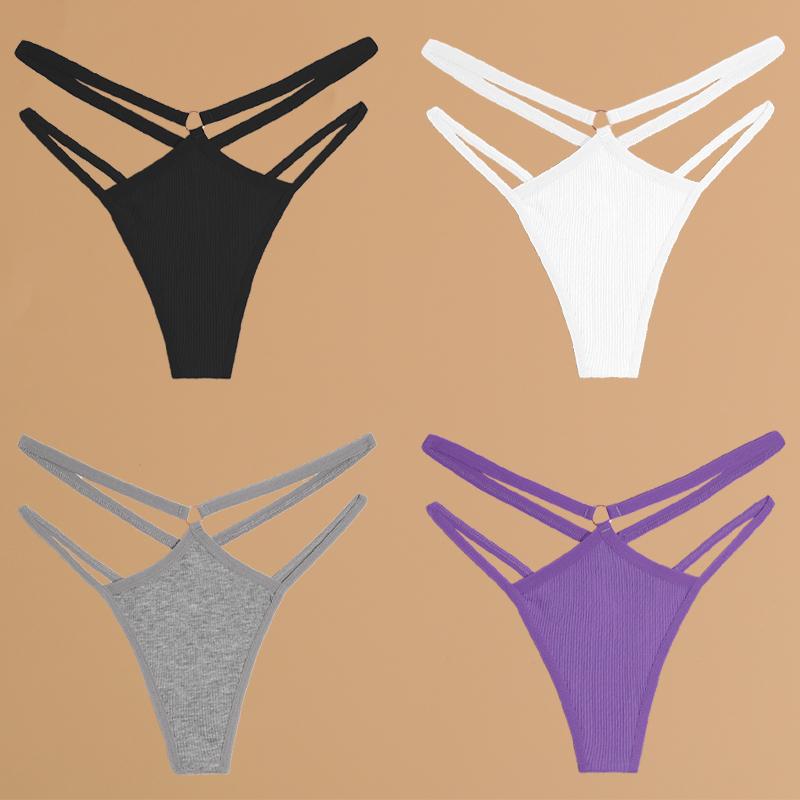 FINETOO 4-teilige Unterwäsche aus Baumwolle mit doppeltem, dünnem Gürtel für Frauen, sexy, niedrige Taille, gestreifte Tangas, einfarbige Damenhöschen, atmungsaktive Dessous