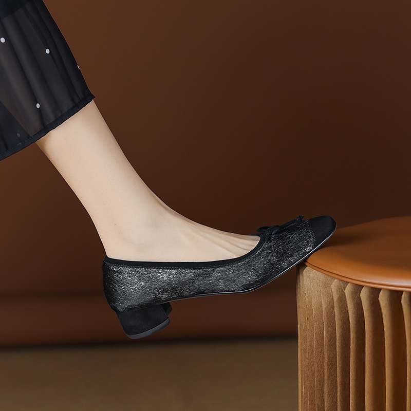 Krazing Pot Horsehair Summer Spring Autumn Med Heels Slip on Women Butterfly-knot European Design Square Toe Shallow Pumps