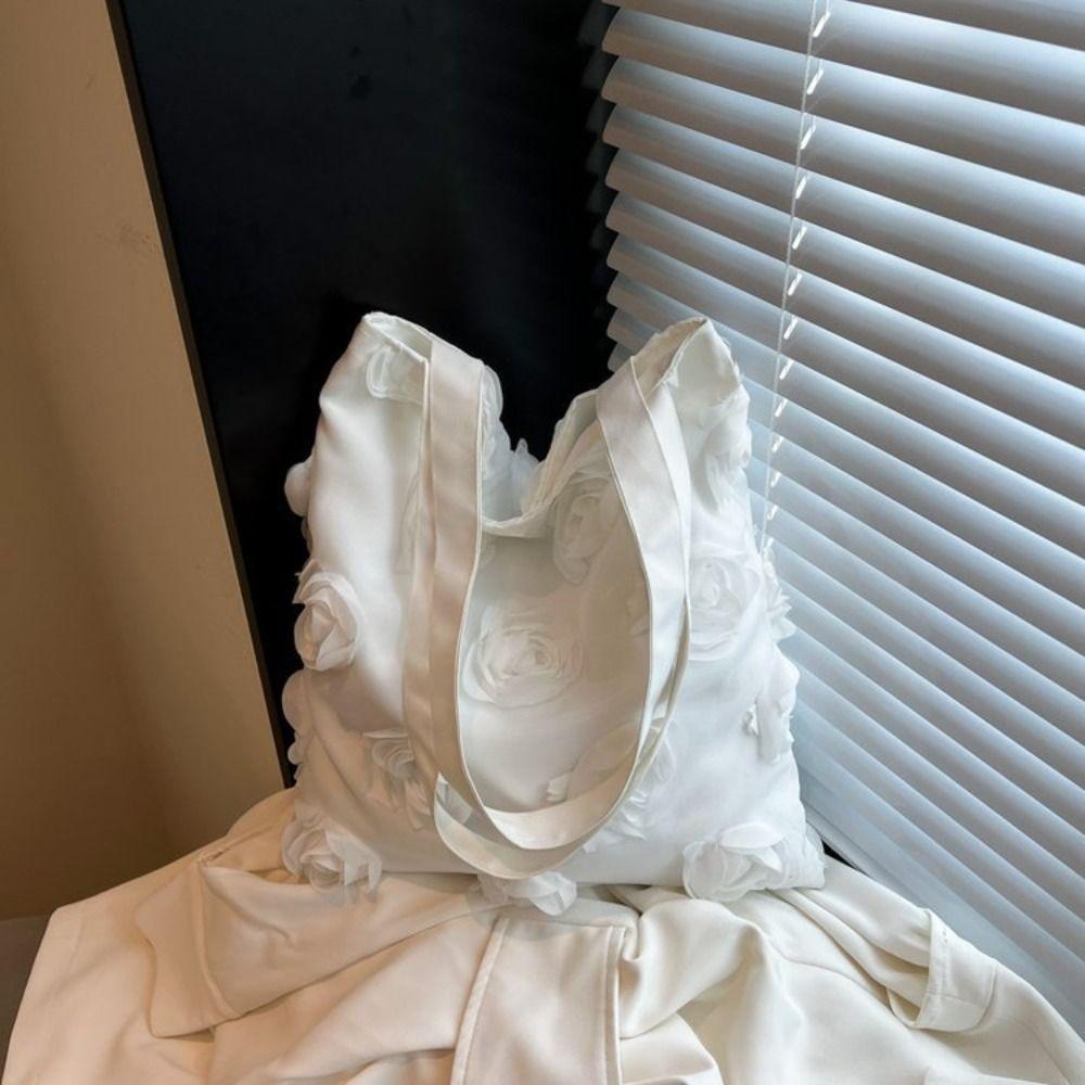 Lightweight Flower Tote Bag Large Capacity Nylon Cloth Handbag Casual Canvas Bag Vacation