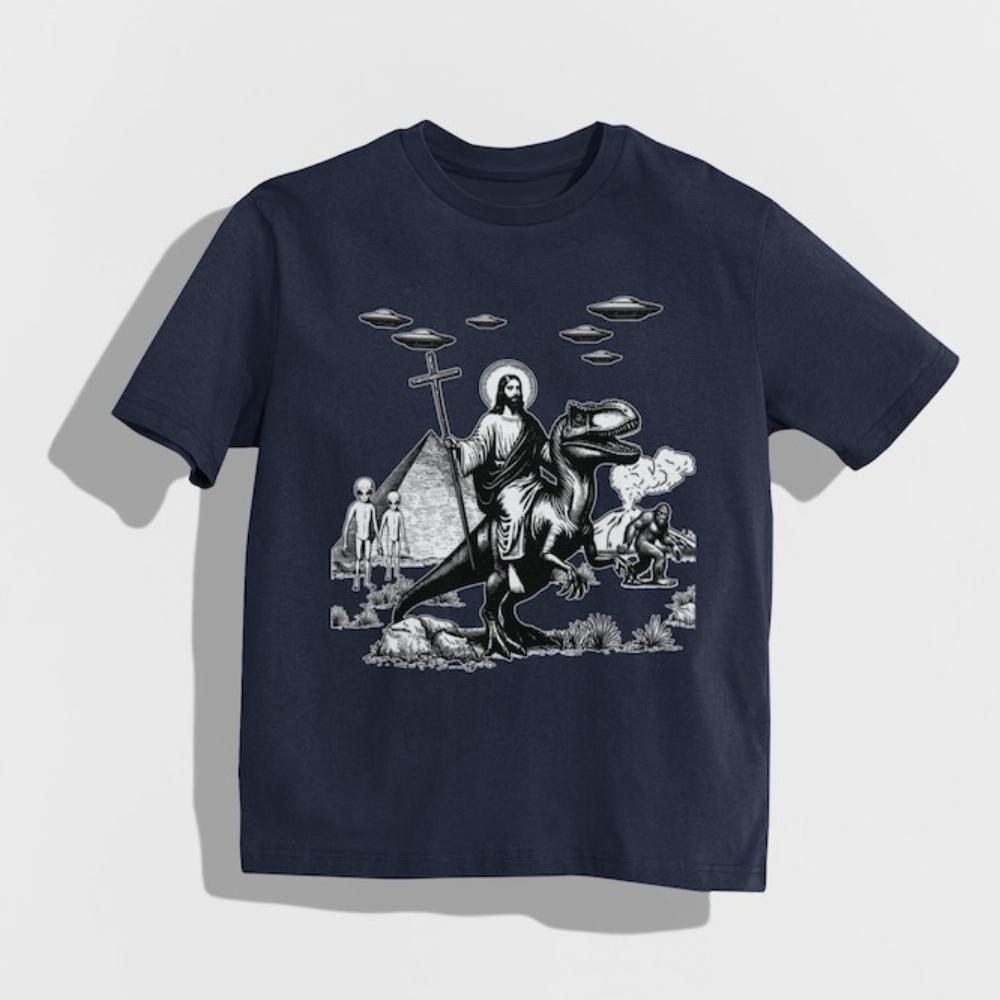 

Jesus Riding Dinosaur Tshirt Funny UFO Graphic T Shirts Woman Man Offensive Cool Shortsleev Casual Outdoors Cotton Tops Tees 4XL