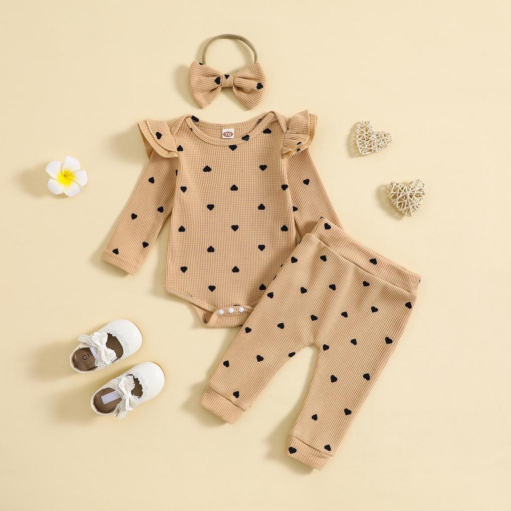 Girls' Heart Print Waffle Romper Set: Long Sleeve Romper, Long Pants & Headband.