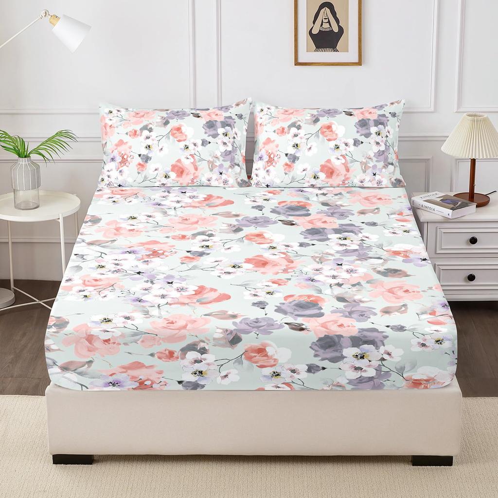 Plant Flower Pattern Bed Hat Three-Piece Digital Printing Bed Hat Bedding Set Adult Children