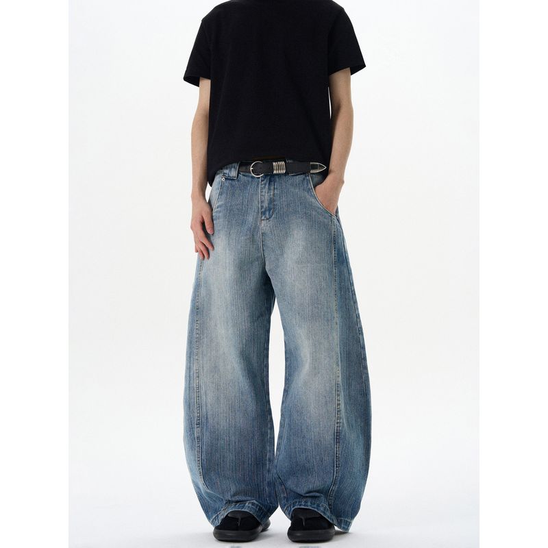 Kisko American High Street Style Bamboo Texture Contrast Stitching Design Curved Knife-Cut Jeans Unisex Trendy Brand Wide-Leg Loose Pants
