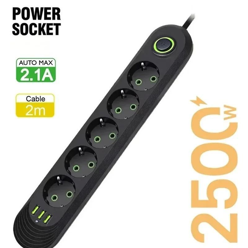 EU Plug Power Strip with 3 USB Ports 2M Cable Extension Cord Socket Network Filter Round Pin AC Outlet Electrical Charge Adapter