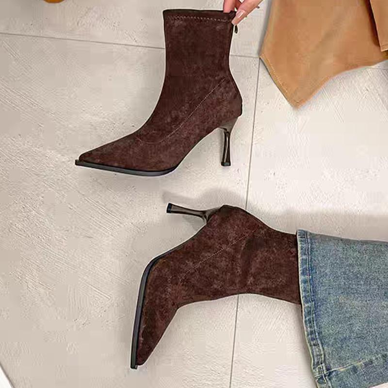 2026 Women's Ankle Boots High Heels Suede Fashion Luxury Shoes Pointed Toe Woman Pumps Sexy Designer Elegant Mujer Short Boots