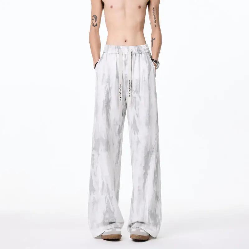 2026 Spring Summer Men Casual Tie-Dye Pants Men Loose Long Pants Male Trendy Straight Trousers Man Vintage Black White Pants