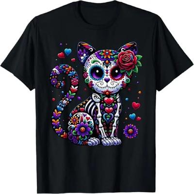 Dia De Los Muertos Cinco De Mayo Cat Sugar Skull Men Women T-Shirt