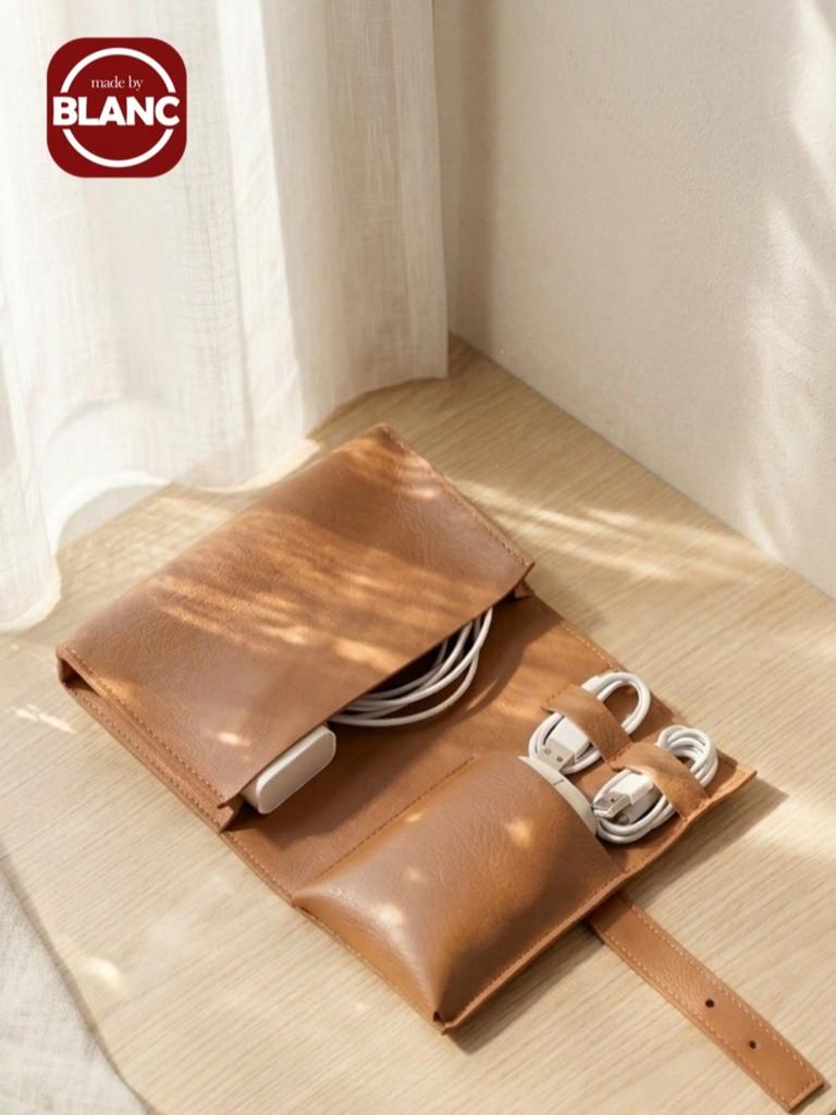 Roll-up Style Storage Pouch Made of Premium PU Leather with Soft Inner Lining. Compact and Space-saving for Various Digital Gadgets. Lightweight