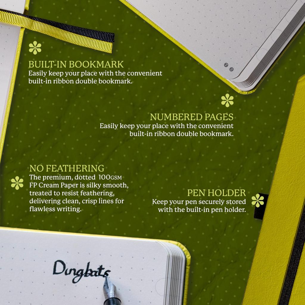 Dingbats - Earth Dot A5 Medium Notebook, Lime Yasuni - Hardcover - Cream 100gsm Inkproof Paper - Numbered Pages, Index & Key Pages (Earth)