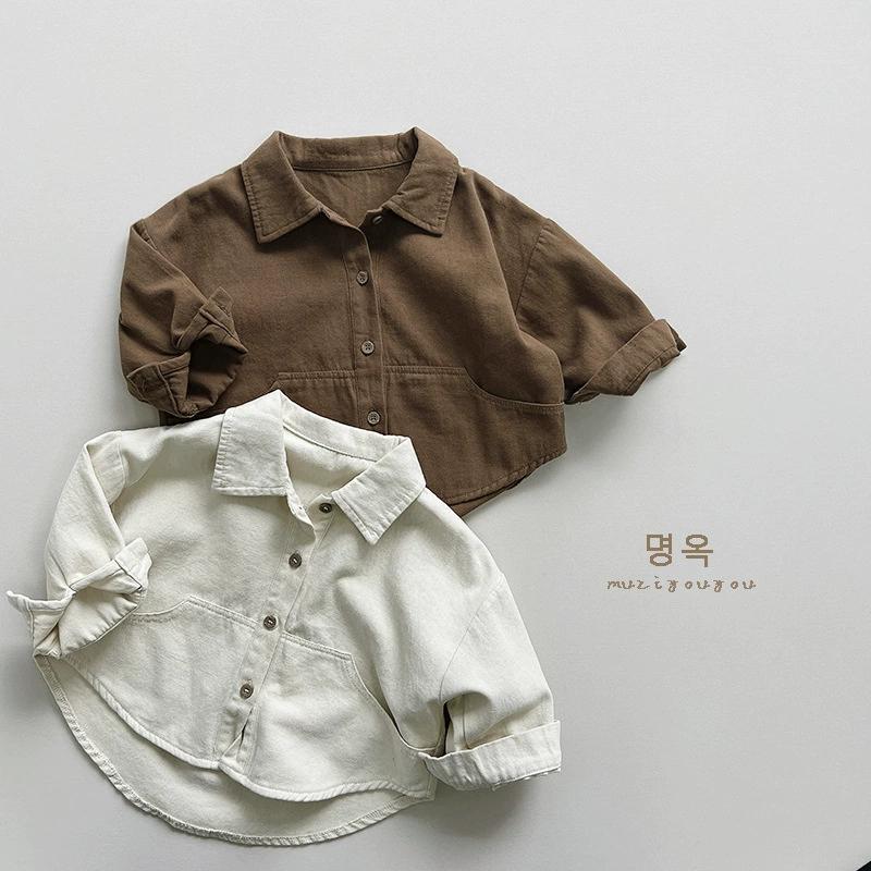 Korean boys' shirt long sleeved spring and autumn 2024 new girls' shirt baby top children's cardigan outdoor wear