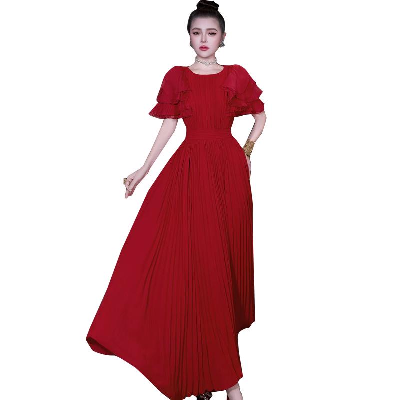 European Style Spring/Summer 2026 Women's Ruffle Short Sleeve Pleated Dress
