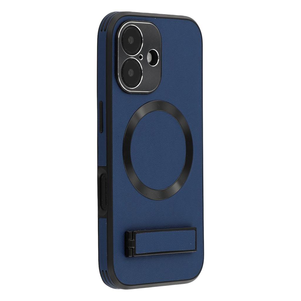 For iPhone 16 Kickstand Case Compatible with MagSafe PC+TPU+PU Phone Back Cover