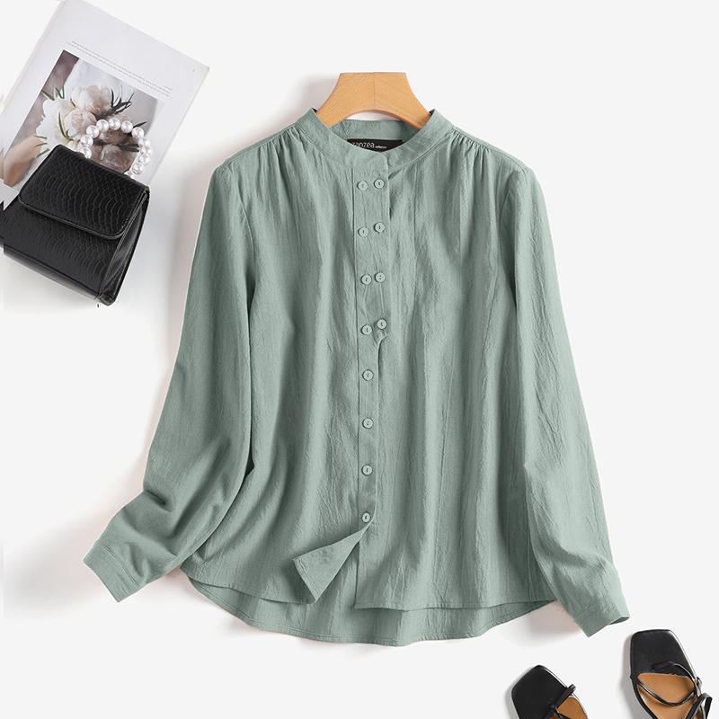 ZANZEA Dámská ležérní halenka s límečkem s dlouhým rukávem v jednobarevné barvě