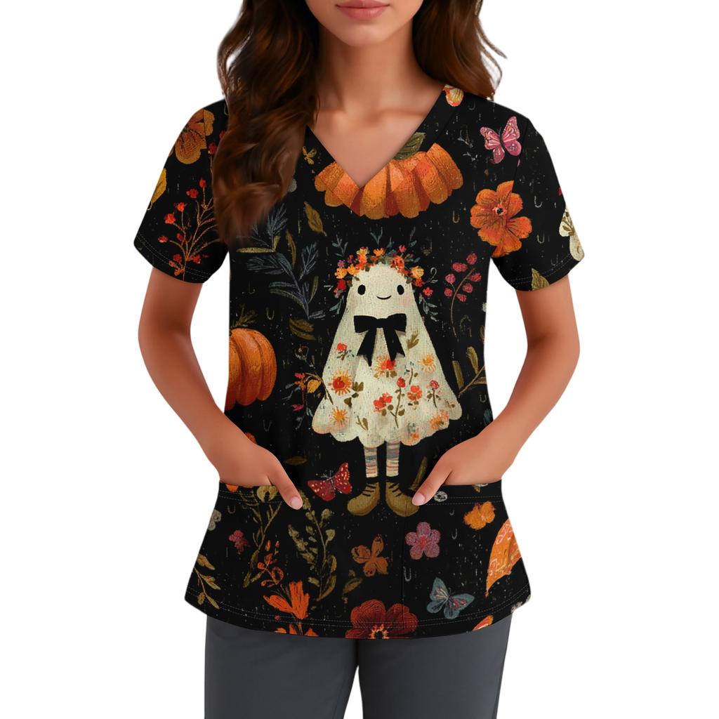 Women V Neck Short Sleeve Work Top with Pocket Halloween Print Scrub Shirt for Healthcare and Service Professionals