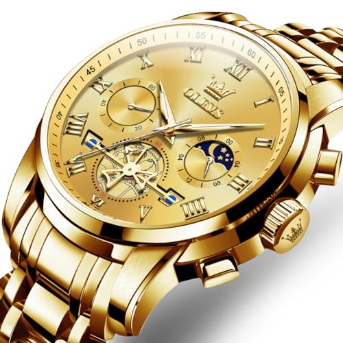OLEVS Men's Stylish Chronograph Watch, Popular Brand for Business, Large, Easy-to-Read Analog, Waterproof Quartz Movement, Gold