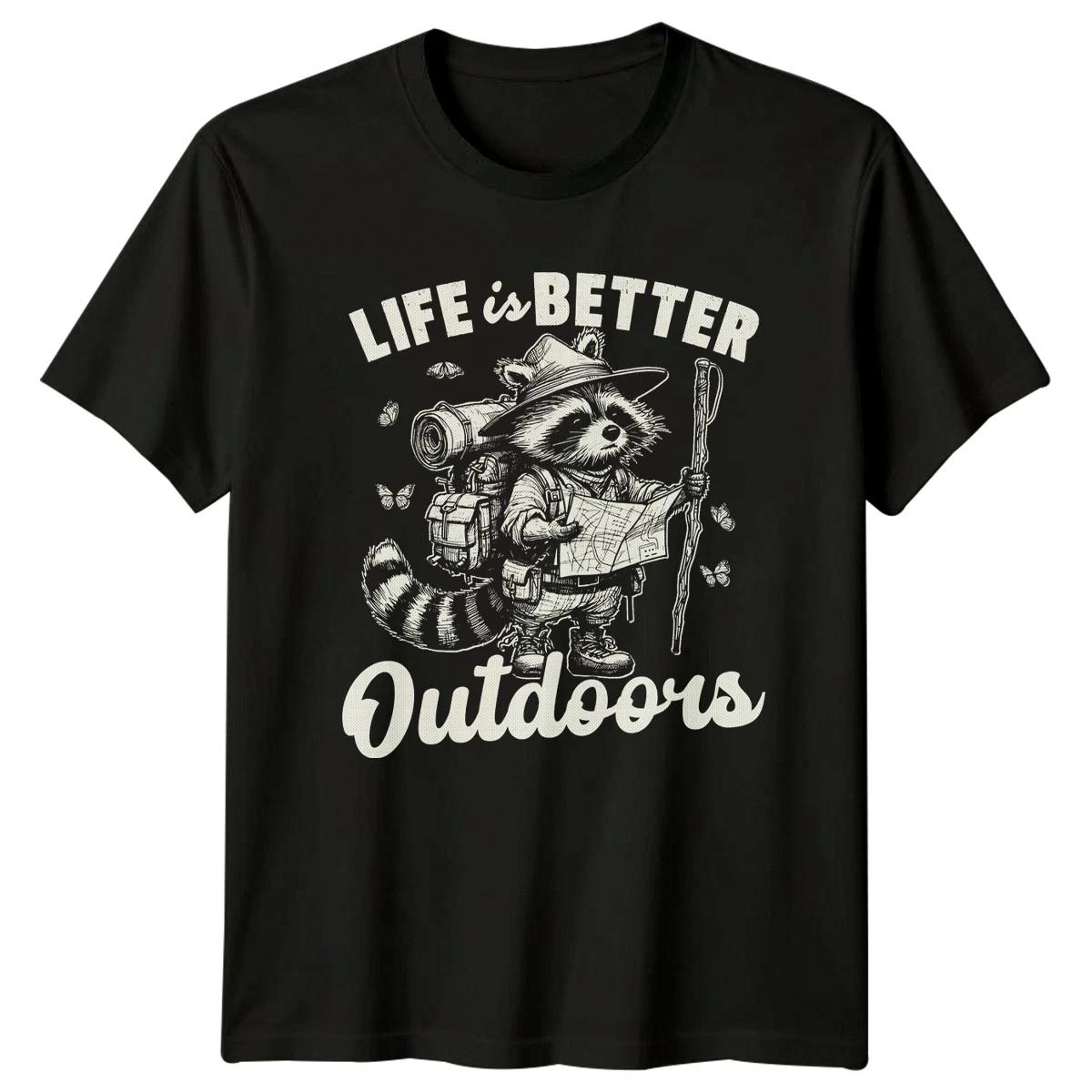 Life Is Better Outdoors T-Shirt Raccoon Backpacking Hiking XXL