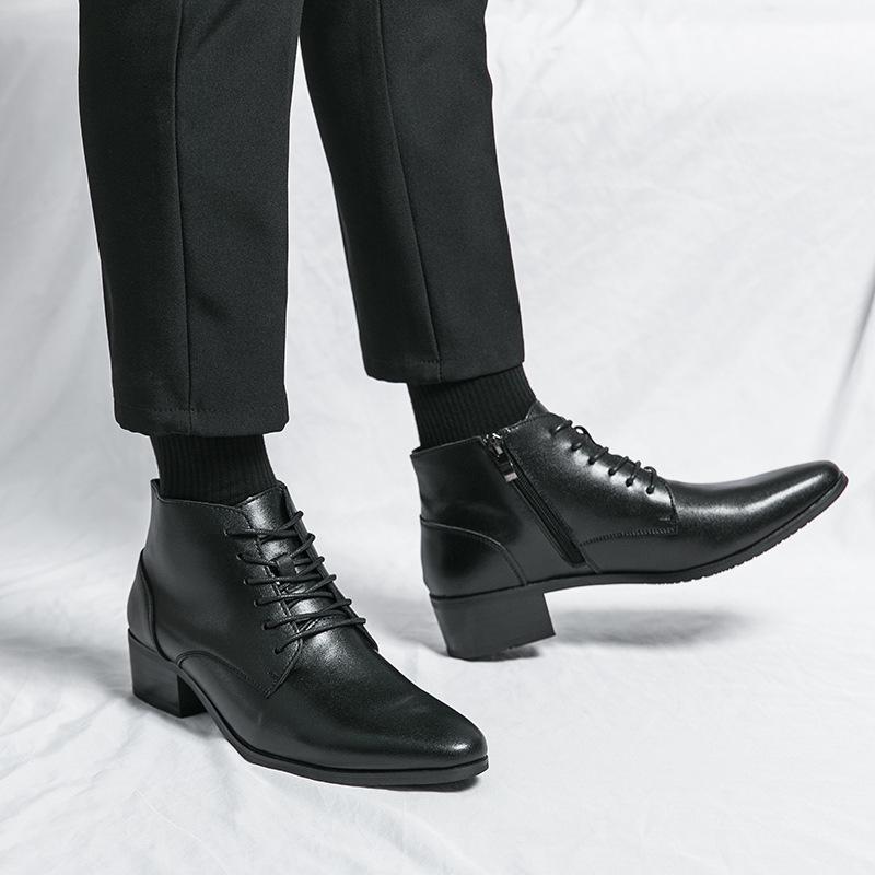 Men's Korean Style Mid-Calf High Heel Leather Boots - Pointed Toe Hairstylist Business Shoes