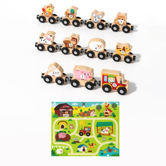 Kids Wooden Magnetic Farm Train Toy Color Cartoon Animal Number Preschool Learning Toddlers Boys Girls Educational Locomotive Carriages Toy
