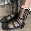 1/2Pairs Japanese See Through Mesh Middle Tube Socks For Women Girl Fairycore Ribbon Bowknot Loose Slouch Calf Socks