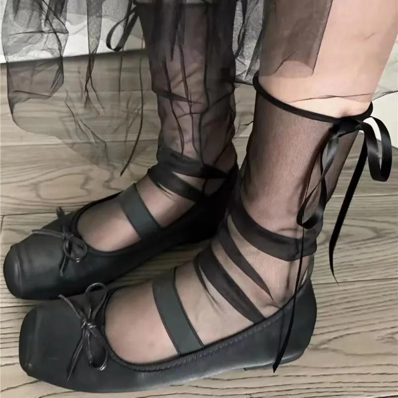 1/2Pairs Japanese See Through Mesh Middle Tube Socks For Women Girl Fairycore Ribbon Bowknot Loose Slouch Calf Socks