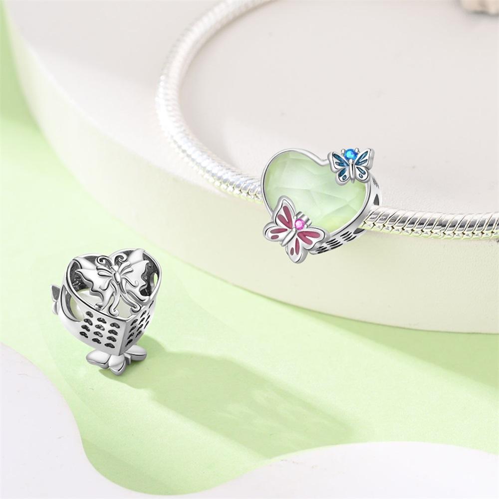 Original 925 Sterling Copper Glow-in-the-dark Green Zircon Heart Butterfly & Spinning Ball Dangle Charm Fits Original Bracelet